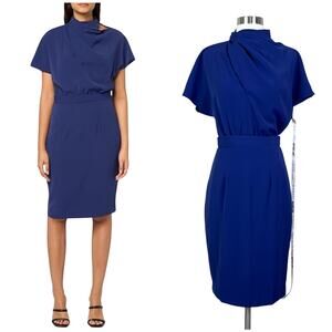 NEW Black Halo | Estella Indigo Blue Draped Short Sleeve Designer Sheath Dress 2